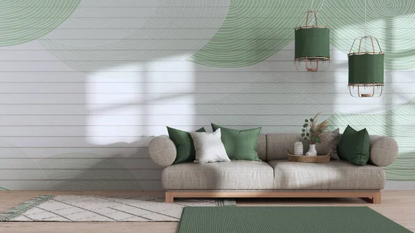 Wabi Sabi Living Room White Green Tones Copy Space Wooden — Stockfoto