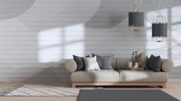 Wabi Sabi Living Room White Gray Tones Copy Space Wooden — Stockfoto