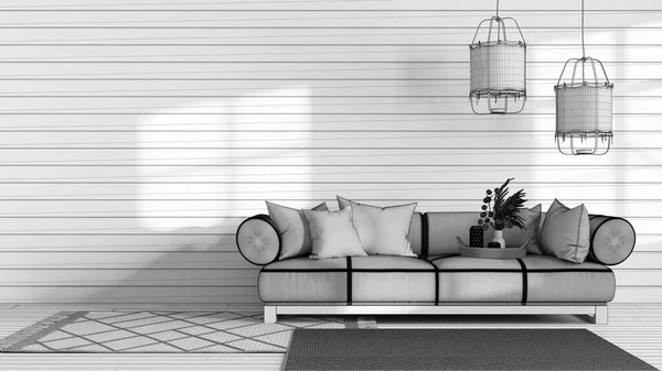Blueprint Unfinished Project Draft Wabi Sabi Living Room Copy Space — Stockfoto