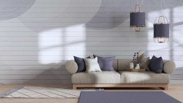 Wabi Sabi Living Room White Purple Tones Copy Space Wooden — Stockfoto