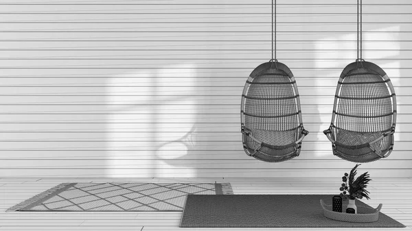Blueprint unfinished project draft, home interior design in japanese style, wabi sabi living room, wall mockup, rattan hanging chairs with decors