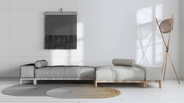 Architect interior designer concept: hand-drawn draft unfinished project that becomes real, wabi sabi living room. Minimalist fabric sofa and macrame wall art. Japandi