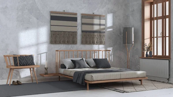 Japandi Bedroom White Gray Tones Macrame Wall Art Wallpaper Wooden — Foto de Stock
