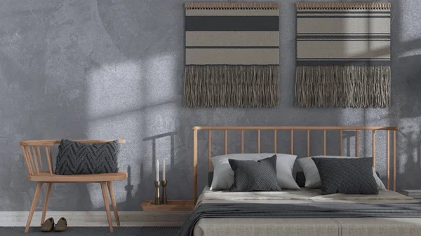 Wabi Sabi Bedroom White Gray Tones Close Macrame Wall Art — Foto de Stock