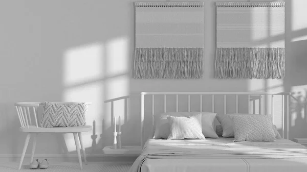 Полностью Белый Проект Проекта Ваби Саби Спальня Макраме Стены Искусства — стоковое фото