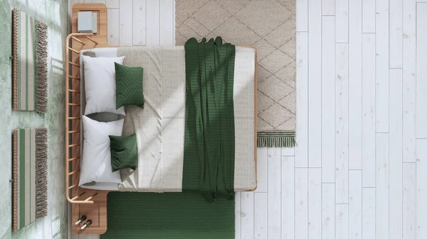Japandi Bedroom White Green Tones Macrame Wall Art Wallpaper Wooden — 图库照片
