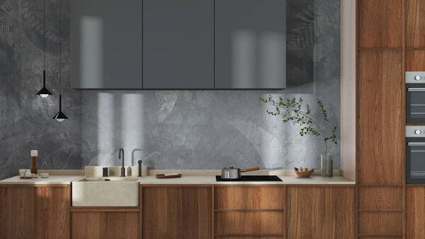 Japandi Trendy Wooden Kitchen White Gray Tones Wooden Cabinets Contemporary — Stock Photo, Image