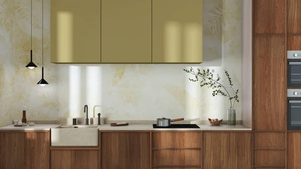 Japandi Trendy Wooden Kitchen White Yellow Tones Wooden Cabinets Contemporary — 스톡 사진