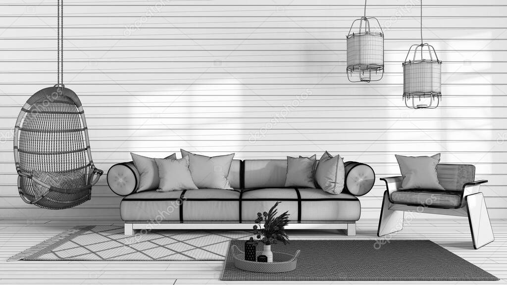 Blueprint unfinished project draft, japandi living room with copy space. Sofa and hanging armchair. Wabi sabi interior design