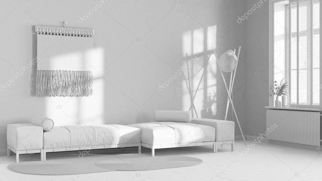 Total white project draft, japandi living room with decorated plaster wall. Minimalist fabric sofa and macrame wall art. Wabi sabi interior design