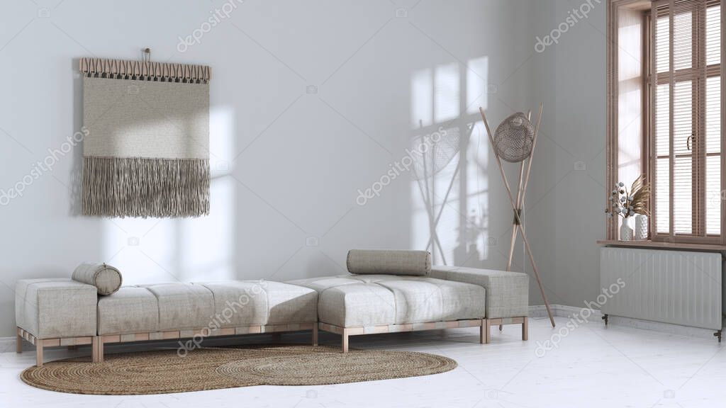Japandi living room in white and beige tones, bleached wood, with decorated plaster wall. Minimalist fabric sofa and macrame wall art. Wabi sabi interior design