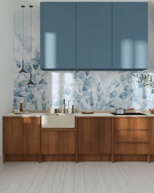 Japandi wooden kitchen in white and blue tones. Wooden cabinets, contemporary wallpaper and marble top. Front view, minimalist interior design