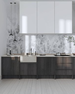 Japandi wooden kitchen in white and dark tones. Wooden cabinets, contemporary wallpaper and marble top. Front view, minimalist interior design