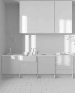 Total white project draft, japandi wooden kitchen. Wooden cabinets, contemporary wallpaper and marble top. Front view, minimalist interior design