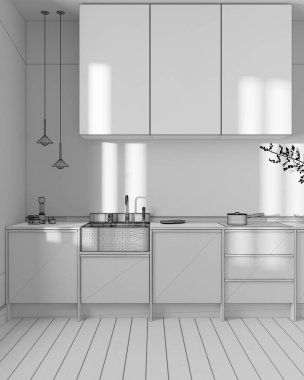 Blueprint unfinished project draft, japandi wooden kitchen. Wooden cabinets, contemporary wallpaper and marble top. Front view, minimalist interior design