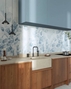 Japandi trendy wooden kitchen in white and blue tones. Wooden cabinets, contemporary wallpaper and marble top. Wabi sabi, minimalist interior design
