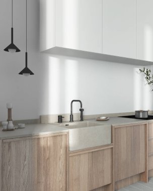 Japandi trendy wooden kitchen in white and bleached tones. Wooden cabinets, contemporary wallpaper and marble top. Wabi sabi, minimalist interior design