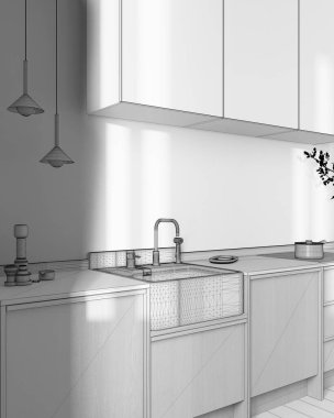 Blueprint unfinished project draft, japandi trendy wooden kitchen. Wooden cabinets, contemporary wallpaper and marble top. Wabi sabi, minimalist interior design