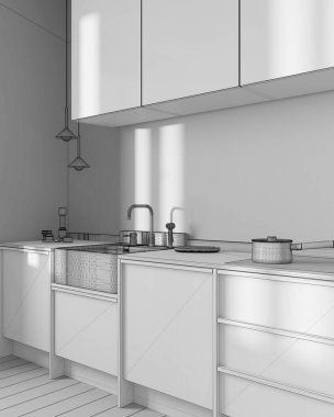 Blueprint unfinished project draft, farmhouse wooden kitchen. Wooden cabinets, contemporary wallpaper and marble top. Japandi minimalist interior design