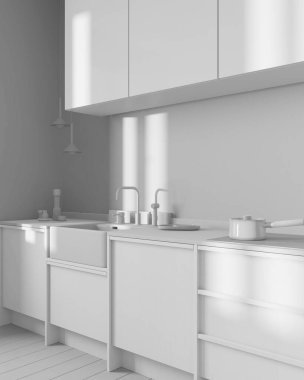 Total white project draft, farmhouse wooden kitchen. Wooden cabinets, contemporary wallpaper and marble top. Japandi minimalist interior design