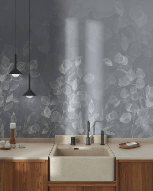 Japandi wooden kitchen in white and gray tones. Wooden cabinets, contemporary wallpaper and marble top. Front view, close up, minimalist interior design