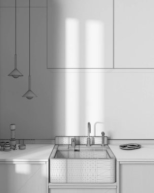 Blueprint unfinished project draft, japandi wooden kitchen. Wooden cabinets, contemporary wallpaper and marble top. Front view, close up, minimalist interior design