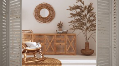 Beyaz katlanır kapı kırsal bohem oturma odasında ahşap mobilyalar, jüt halı ve kumaş kanepe, boho iç tasarım, mimar tasarımcı konsepti ile açılıyor.