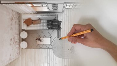 Architect interior designer concept: hand drawing a design interior project while the space becomes real, bohemian wooden living room with sofa in boho style, top view, plan, above