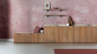 Minimalist japandi kitchen in white and red tones. Wallpaper, wooden cabinets, shelves and bench. Concrete floor, wabi sabi interior design