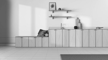 Blueprint unfinished project draft, minimalist japandi kitchen. Wallpaper, wooden cabinets, shelves and bench. Concrete floor, wabi sabi interior design