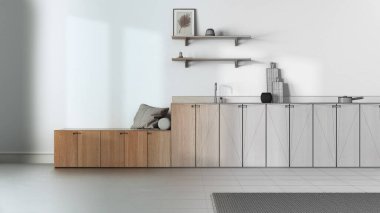 Architect interior designer concept: hand-drawn draft unfinished project that becomes real, minimalist japandi kitchen. Cabinets, shelves and bench. Concrete floor, wabi sabi