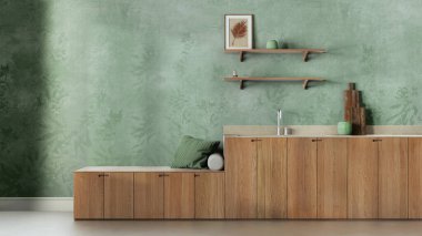 Trendy cozy kitchen in white and green tones. Wallpaper, wooden cabinets, shelves and bench. Concrete floor, japandi interior design
