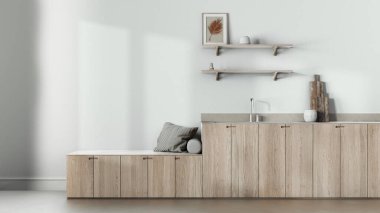 Trendy cozy kitchen in white and bleached tones. Wallpaper, wooden cabinets, shelves and bench. Concrete floor, japandi interior design