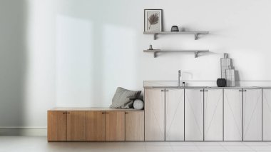 Architect interior designer concept: hand-drawn draft unfinished project that becomes real, trendy cozy kitchen. Cabinets, shelves and bench. Concrete floor, japandi