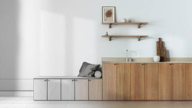 Architect interior designer concept: hand-drawn draft unfinished project that becomes real, trendy cozy kitchen. Cabinets, shelves and bench. Concrete floor, japandi