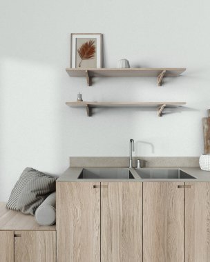 Japandi kitchen close up in white and bleached tones. Wallpaper, wooden cabinets, shelves and bench with pillows. Farmhouse minimalist interior design