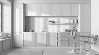 Total white project draft, japandi trendy wooden kitchen and dining room. Wooden cabinets, contemporary wallpaper and big window. Minimalist interior design