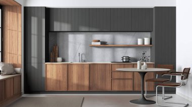Japandi trendy wooden kitchen and dining room in white and dark tones. Wooden cabinets, contemporary wallpaper and big window. Minimalist interior design