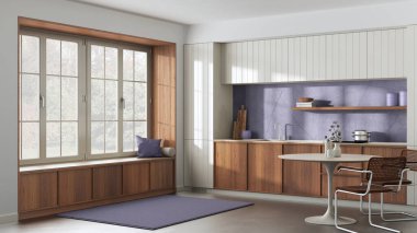 Modern trendy kitchen and dining room in white and purple tones. Wooden cabinets, contemporary wallpaper and big window. Minimalist japandi interior design