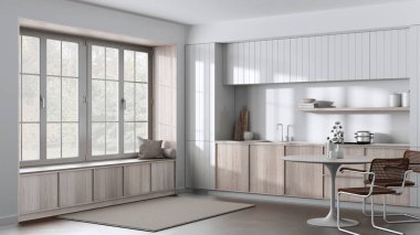 Modern trendy kitchen and dining room in white and bleached tones. Wooden cabinets, contemporary wallpaper and big window. Minimalist japandi interior design