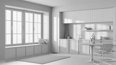 Total white project draft, modern trendy kitchen. Wooden cabinets, contemporary wallpaper and big window. Minimalist japandi interior design