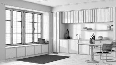 Blueprint unfinished project draft, modern trendy kitchen. Wooden cabinets, contemporary wallpaper and big window. Minimalist japandi interior design