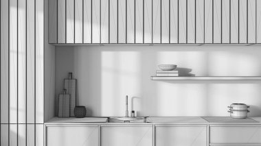 Blueprint unfinished project draft, japandi wooden kitchen close up. Modern cabinets, wallpaper, shelf with decors and sink. Minimalist interior design
