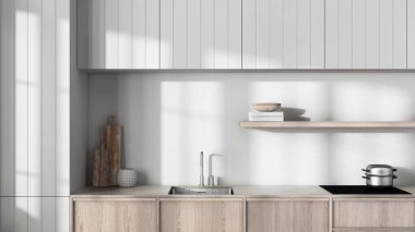 Japandi wooden kitchen close up in white and bleached tones. Modern cabinets, wallpaper, shelf with decors and sink. Minimalist interior design