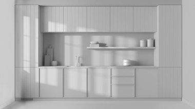 Total white project draft, japandi trendy wooden kitchen. Modern cabinets, contemporary wallpaper and concrete floor. Minimalist interior design