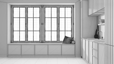 Blueprint unfinished project draft, modern cozy kitchen and big window with bench. Wallpaper and concrete floor. Minimalist japandi interior design