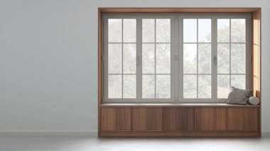 Country panoramic window with wooden siting bench in white and beige tones. Background with copy space