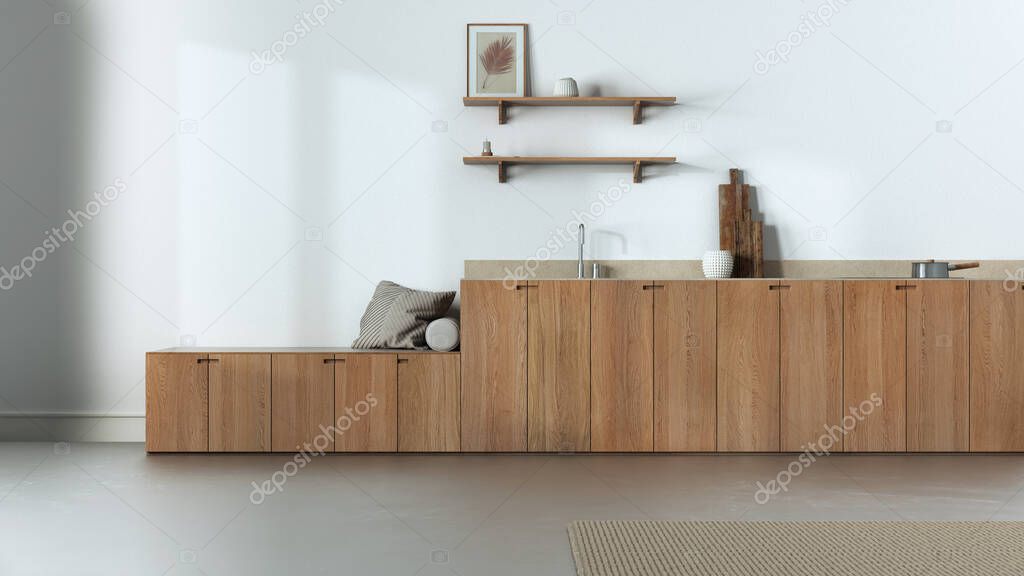Minimalist japandi kitchen in white and beige tones. Wooden cabinets, shelves and bench. Concrete floor, wabi sabi interior design