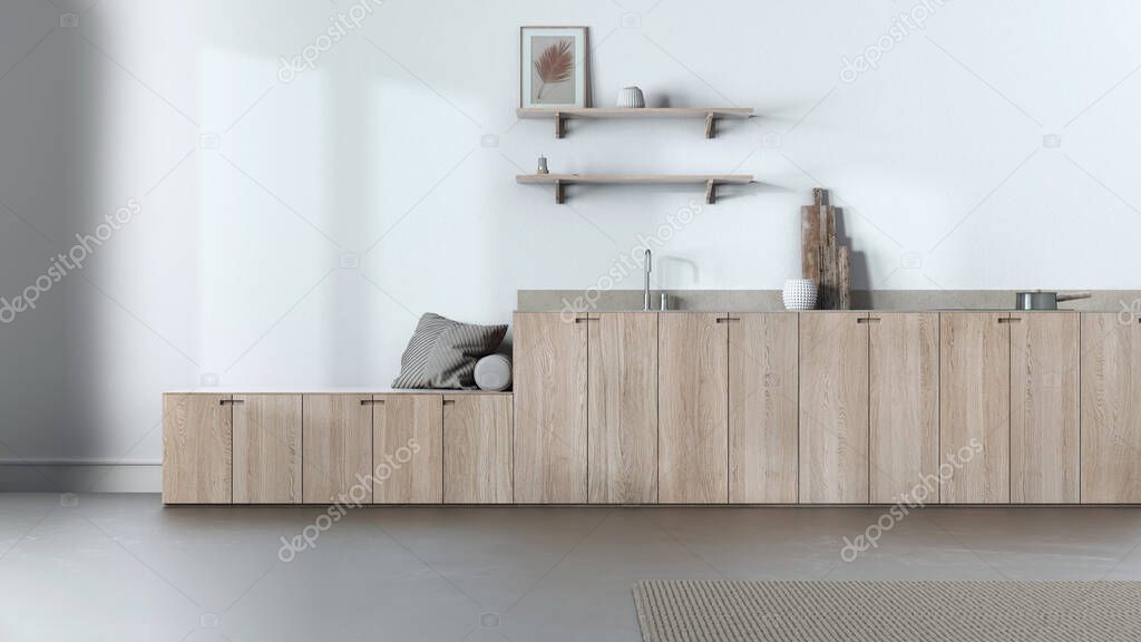 Minimalist japandi kitchen in white and bleached tones. Wallpaper, wooden cabinets, shelves and bench. Concrete floor, wabi sabi interior design