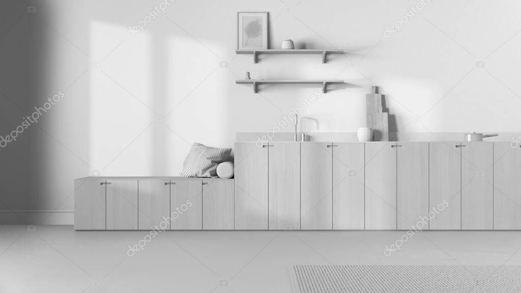Total white project draft, minimalist japandi kitchen. Wallpaper, wooden cabinets, shelves and bench. Concrete floor, wabi sabi interior design